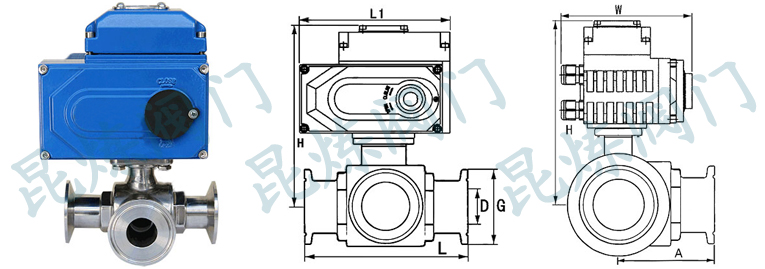 Q984F/Q985F電動(dòng)衛(wèi)生級(jí)三通球閥結(jié)構(gòu)圖- 上海昆煉閥門(mén)制造有限公司 Q984F/Q985F電動(dòng)衛(wèi)生級(jí)三通球閥結(jié)構(gòu)圖- 上海昆煉閥門(mén)制造有限公司